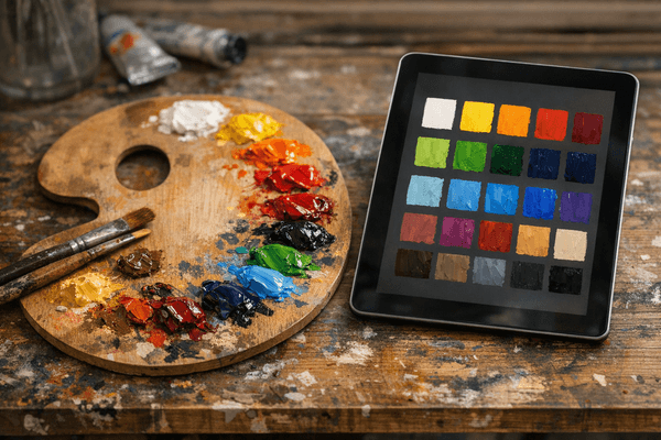 Contrast between digital RGB light mixing and physical oil paint subtractive mixing