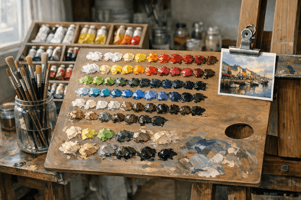 Well-organized artist workstation with prepared palette and color mixing setup