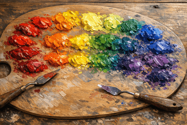 Split primary color system showing warm and cool versions of red, yellow, and blue